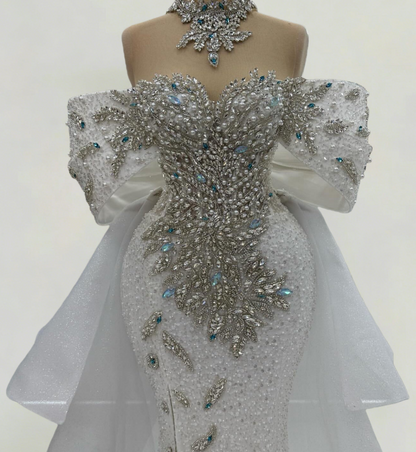 Charming Off-Shoulder Bridal Mermaid Dress With Bow Train Beading Rhinestones Wedding Dress AP6191