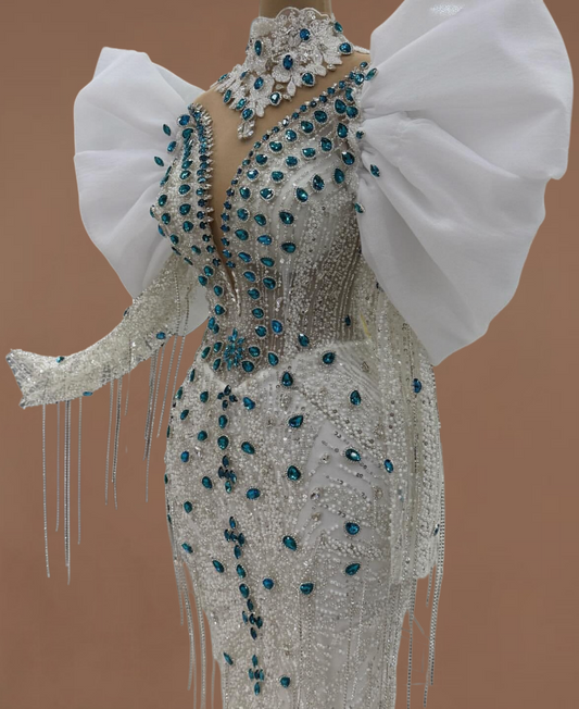 Vibrant High Collar Bridal Mermaid Dress Sequins Rhinestones Tassel Long Sleeve Wedding Dress AP6192