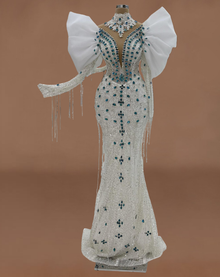 Vibrant High Collar Bridal Mermaid Dress Sequins Rhinestones Tassel Long Sleeve Wedding Dress AP6192