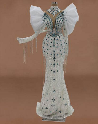 Vibrant High Collar Bridal Mermaid Dress Sequins Rhinestones Tassel Long Sleeve Wedding Dress AP6192