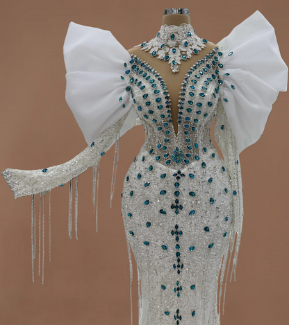 Vibrant High Collar Bridal Mermaid Dress Sequins Rhinestones Tassel Long Sleeve Wedding Dress AP6192