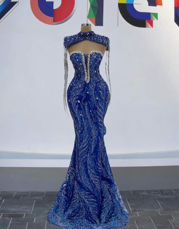 Dopamine Style High Collar Cutout Mermaid Evening Dresses Sequins Tassel Rhinestones Prom Dress AP6193