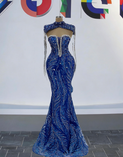 Dopamine Style High Collar Cutout Mermaid Evening Dresses Sequins Tassel Rhinestones Prom Dress AP6193