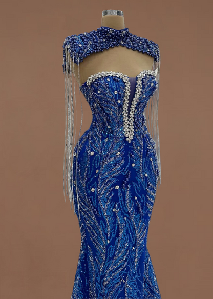 Dopamine Style High Collar Cutout Mermaid Evening Dresses Sequins Tassel Rhinestones Prom Dress AP6193