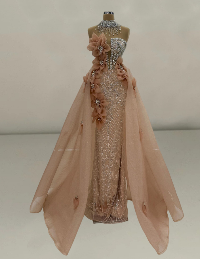 Playful Strapless A-Line Evening Dresses Handmade Flowers Beading Rhinestones Prom Dress AP6196
