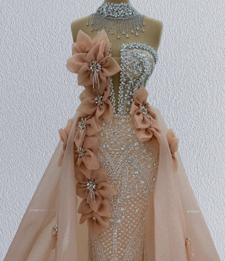 Playful Strapless A-Line Evening Dresses Handmade Flowers Beading Rhinestones Prom Dress AP6196