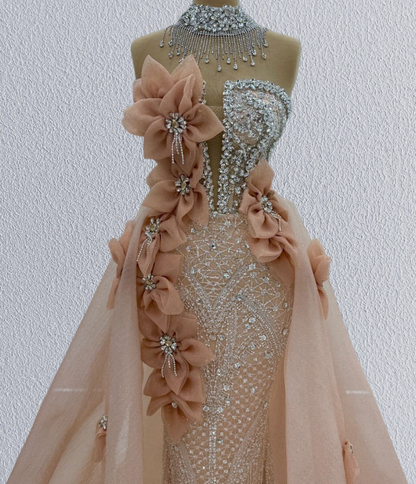 Playful Strapless A-Line Evening Dresses Handmade Flowers Beading Rhinestones Prom Dress AP6196