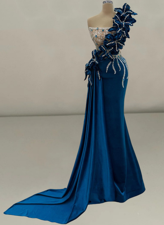 Bling One Shoulder Mermaid Evening Dresses Beading Handmade Flowers Rhinestones Prom Dress AP6197