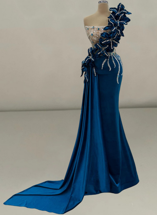 Bling One Shoulder Mermaid Evening Dresses Beading Handmade Flowers Rhinestones Prom Dress AP6197