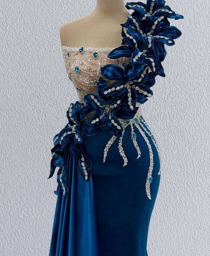 Bling One Shoulder Mermaid Evening Dresses Beading Handmade Flowers Rhinestones Prom Dress AP6197