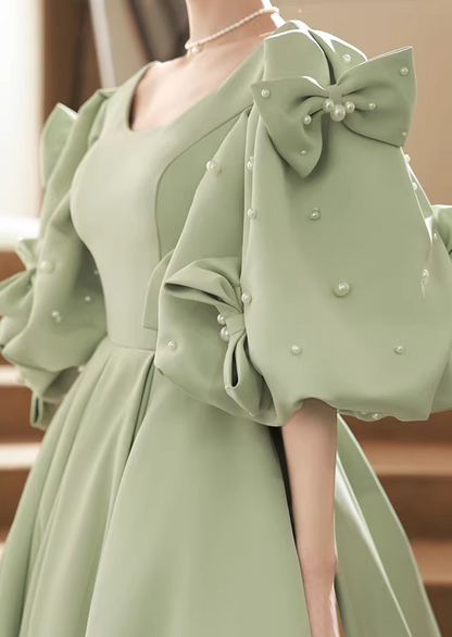 Flowy Jewel Neck A-Line Sweet 16th Gowns Short Sleeve  Bows Pearls Prom Dress AP6198