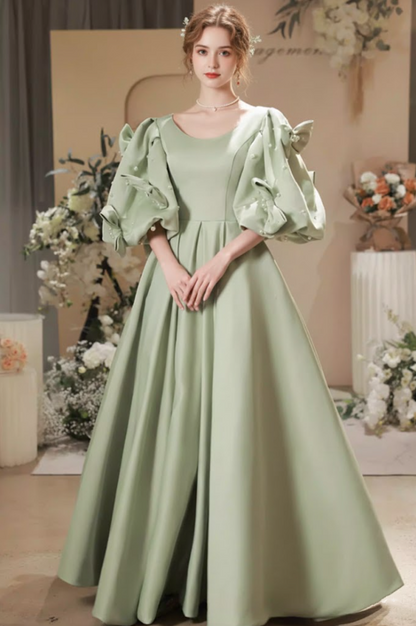 Flowy Jewel Neck A-Line Sweet 16th Gowns Short Sleeve  Bows Pearls Prom Dress AP6198