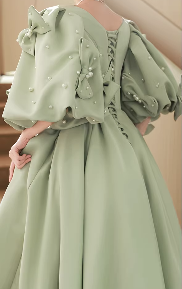 Flowy Jewel Neck A-Line Sweet 16th Gowns Short Sleeve  Bows Pearls Prom Dress AP6198