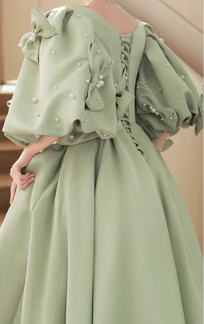 Flowy Jewel Neck A-Line Sweet 16th Gowns Short Sleeve  Bows Pearls Prom Dress AP6198