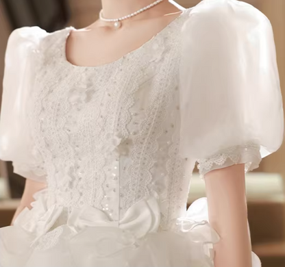 Stylish A-Line Jewel Neck Ruffles Bridal Gowns Short Sleeve Bows Sequins Wedding Dress AP6199