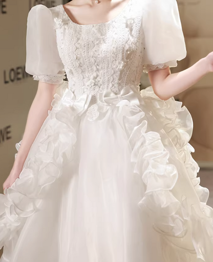 Stylish A-Line Jewel Neck Ruffles Bridal Gowns Short Sleeve Bows Sequins Wedding Dress AP6199