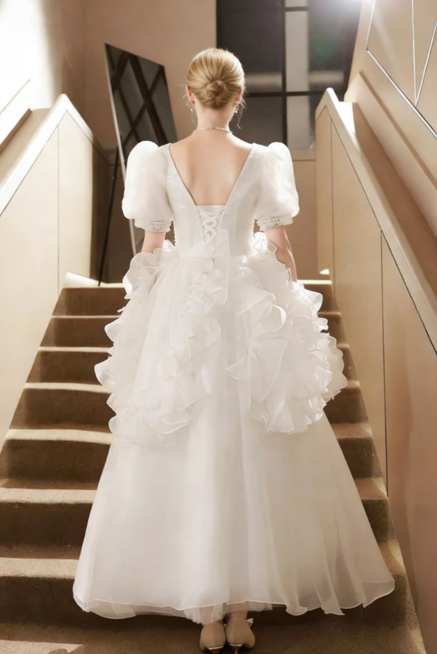 Stylish A-Line Jewel Neck Ruffles Bridal Gowns Short Sleeve Bows Sequins Wedding Dress AP6199