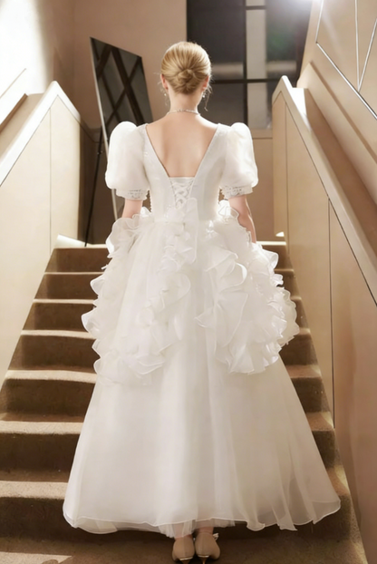 Stylish A-Line Jewel Neck Ruffles Bridal Gowns Short Sleeve Bows Sequins Wedding Dress AP6199