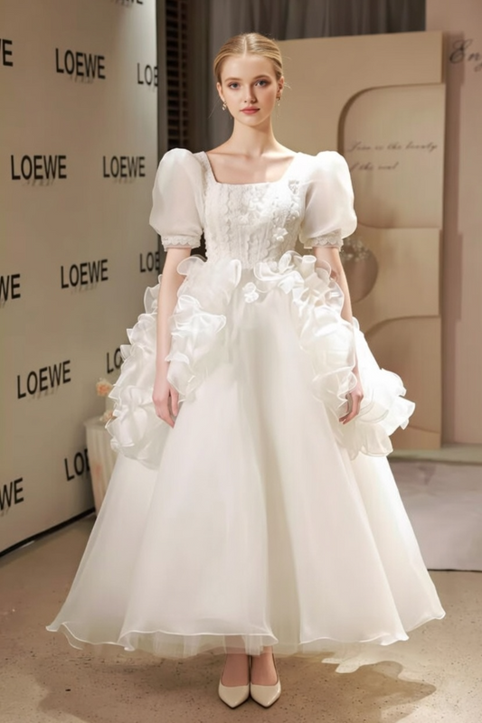 Stylish A-Line Jewel Neck Ruffles Bridal Gowns Short Sleeve Bows Sequins Wedding Dress AP6199