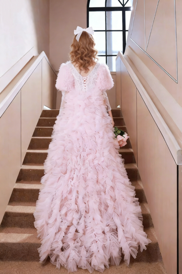 Flattering A-Line V Neck Pink Sweet 16th Dresses Lace Long Sleeve Ruffles Tulle Prom Dress AP6200
