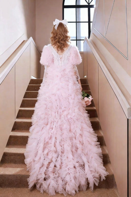 Flattering A-Line V Neck Pink Sweet 16th Dresses Lace Long Sleeve Ruffles Tulle Prom Dress AP6200