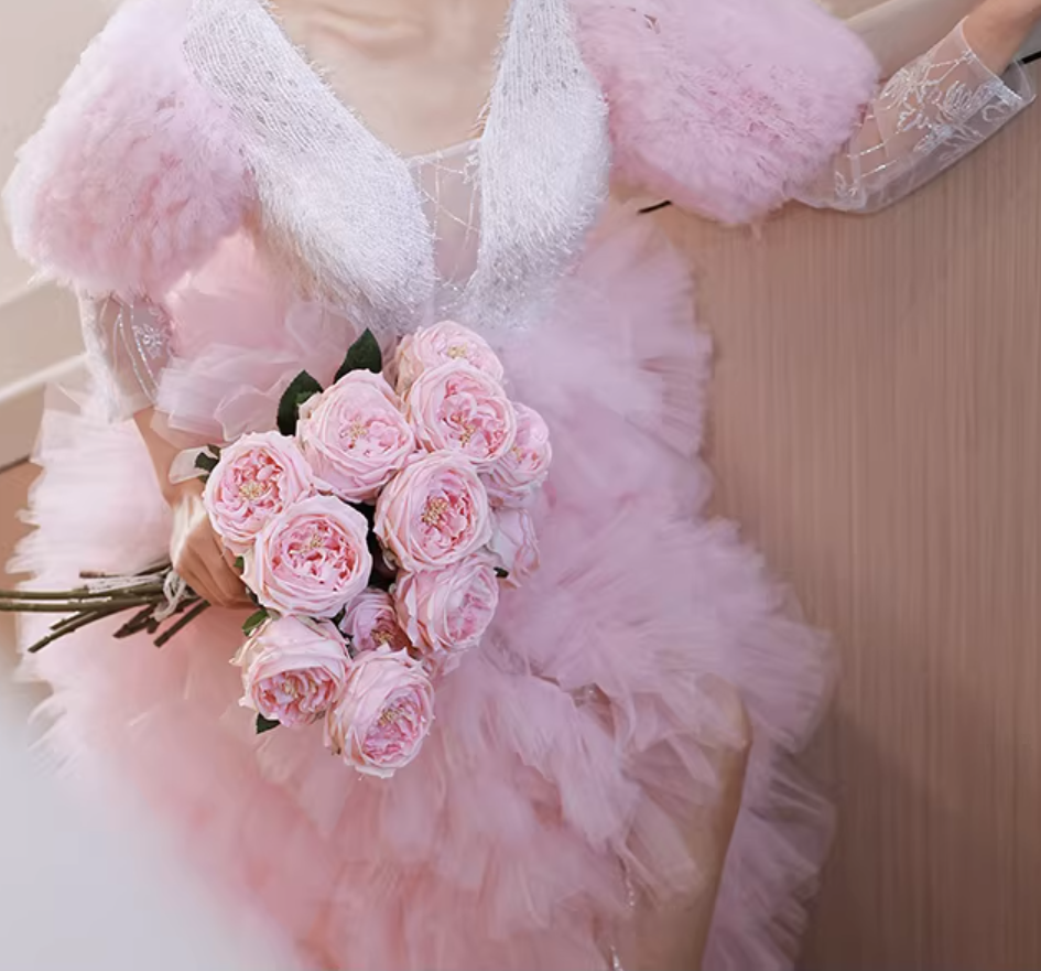 Flattering A-Line V Neck Pink Sweet 16th Dresses Lace Long Sleeve Ruffles Tulle Prom Dress AP6200
