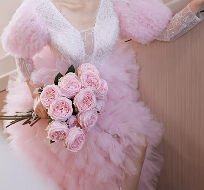 Flattering A-Line V Neck Pink Sweet 16th Dresses Lace Long Sleeve Ruffles Tulle Prom Dress AP6200
