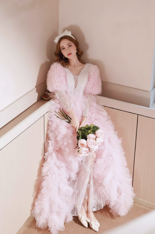 Flattering A-Line V Neck Pink Sweet 16th Dresses Lace Long Sleeve Ruffles Tulle Prom Dress AP6200