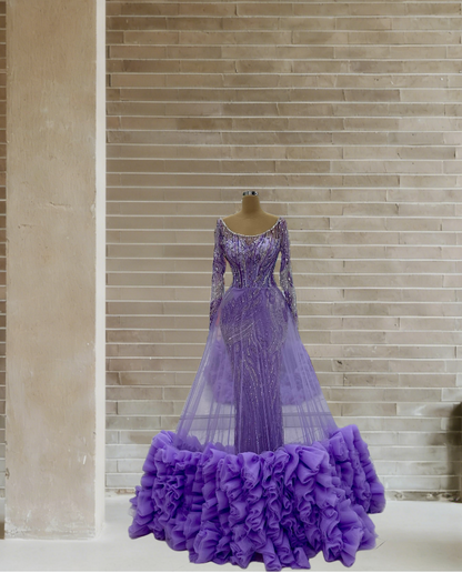 Trendy A-Line Jewel Neck Ruffled Tulle Sweet 16th Dresses Long Sleeve Sequins Crystals Prom Dress AP6202