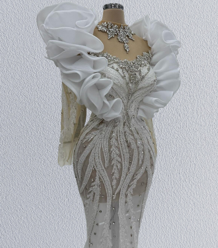 Sexy Illusion Neck Ruffles Bridal Mermaid Dress Long Sleeve Beading Sequins Wedding Dress AP6204