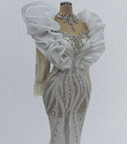 Sexy Illusion Neck Ruffles Bridal Mermaid Dress Long Sleeve Beading Sequins Wedding Dress AP6204