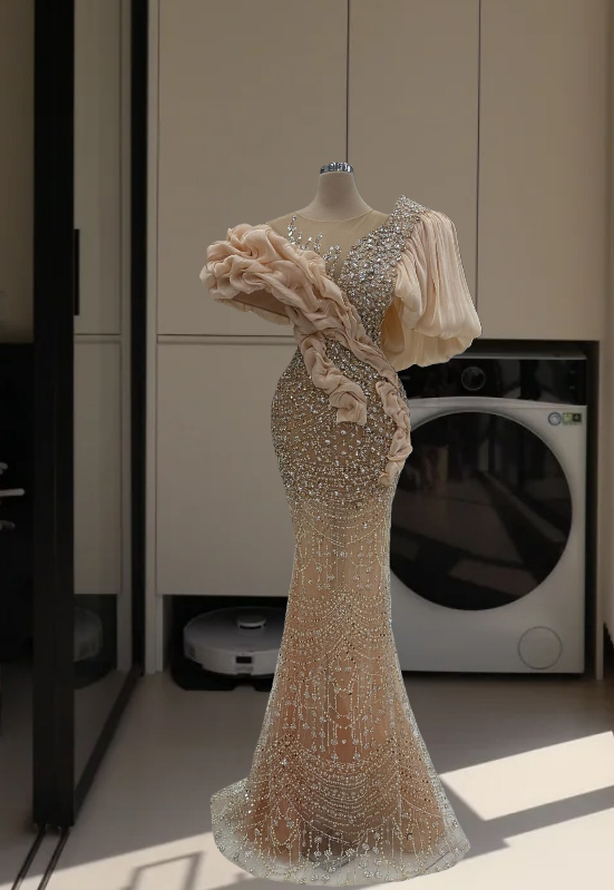 Glittering Jewel Neck Ruffles Mermaid Evening Dresses Crystals Beading Prom Dress AP6206