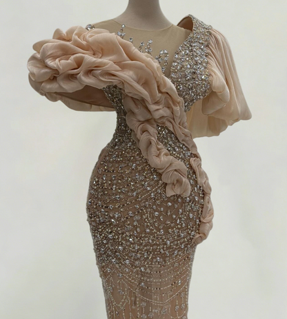 Glittering Jewel Neck Ruffles Mermaid Evening Dresses Crystals Beading Prom Dress AP6206