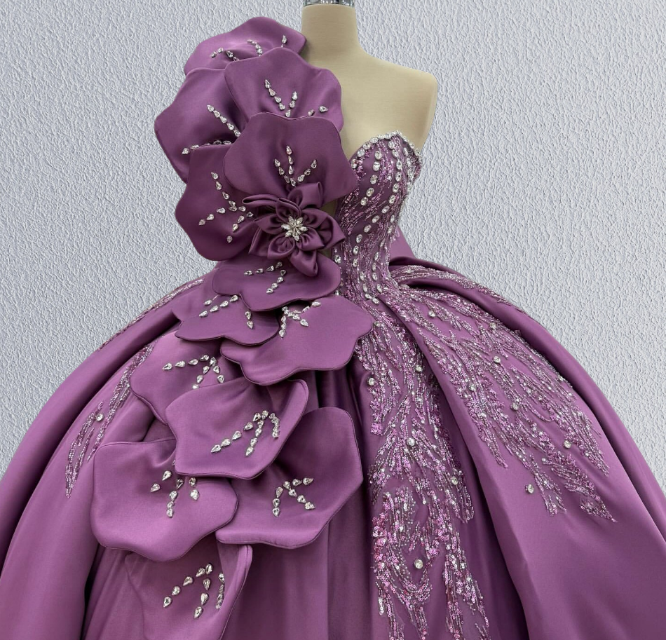 Modern A-Line One Shoulder Sweet 16th Gowns Crystals Handmade Flowers Sequins Prom Dress AP6207