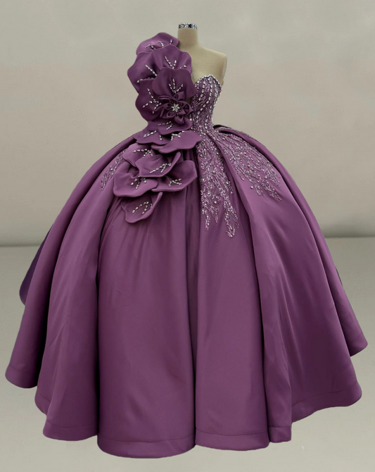 Modern A-Line One Shoulder Sweet 16th Gowns Crystals Handmade Flowers Sequins Prom Dress AP6207
