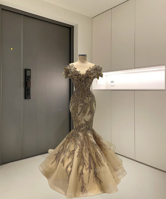 Princess Off-Shoulder Mermaid Evening Dresses Sequins Beading Prom Dress AP6208