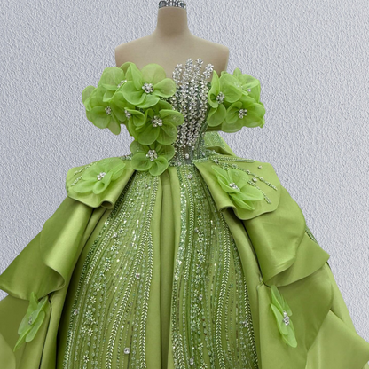 Pretty Green A-Line Off-Shoulder Sweet 16th Gowns Rhinestones Handmade Flowers Sequins Prom Dress AP6209
