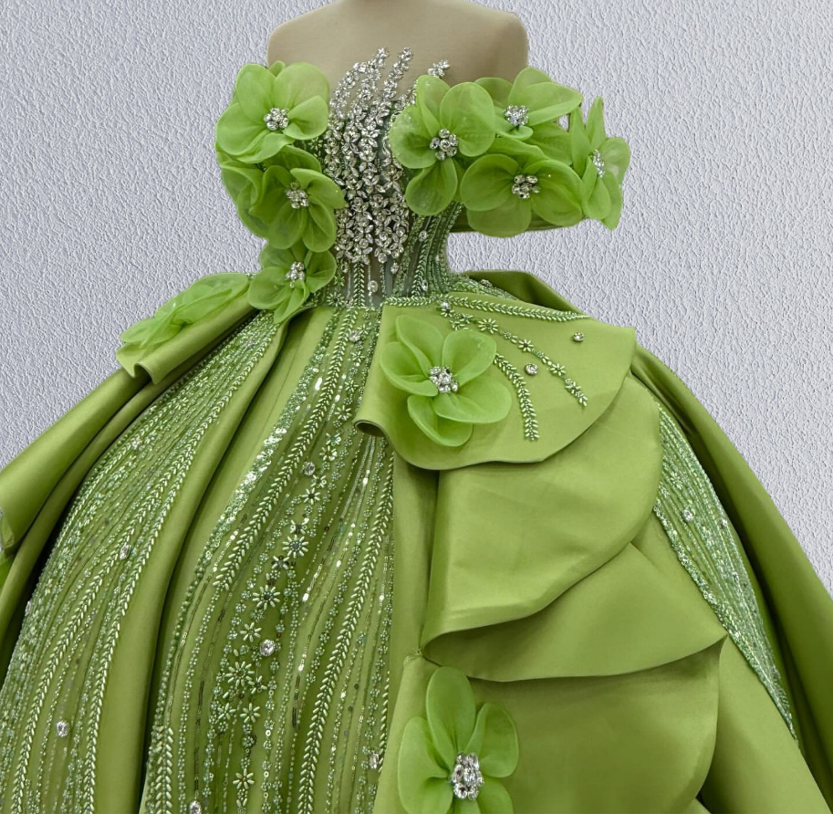 Pretty Green A-Line Off-Shoulder Sweet 16th Gowns Rhinestones Handmade Flowers Sequins Prom Dress AP6209