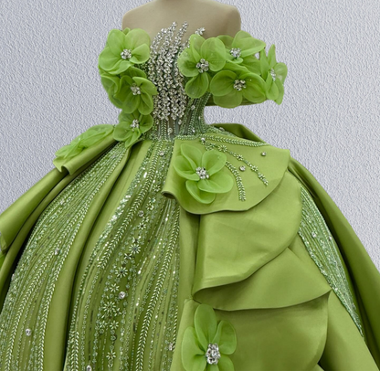 Pretty Green A-Line Off-Shoulder Sweet 16th Gowns Rhinestones Handmade Flowers Sequins Prom Dress AP6209