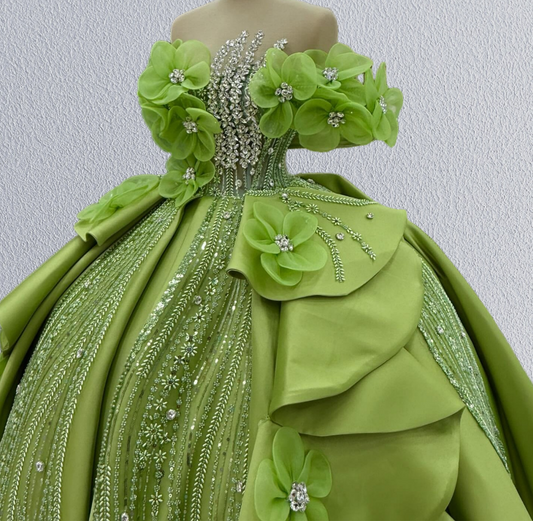 Pretty Green A-Line Off-Shoulder Sweet 16th Gowns Rhinestones Handmade Flowers Sequins Prom Dress AP6209