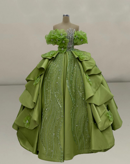 Pretty Green A-Line Off-Shoulder Sweet 16th Gowns Rhinestones Handmade Flowers Sequins Prom Dress AP6209