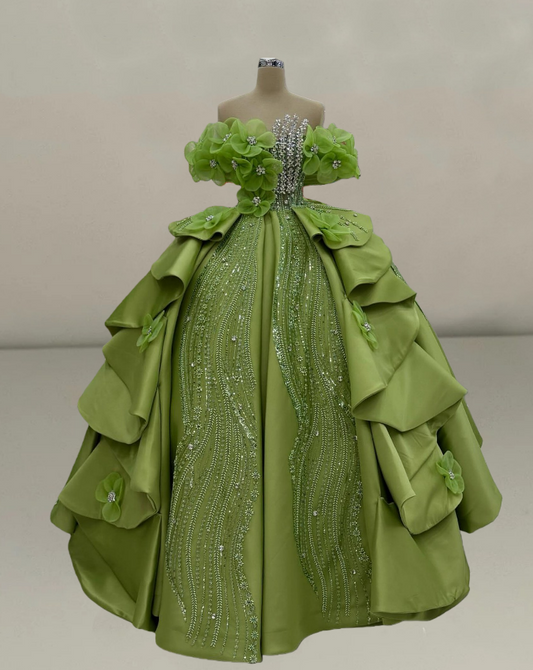 Pretty Green A-Line Off-Shoulder Sweet 16th Gowns Rhinestones Handmade Flowers Sequins Prom Dress AP6209