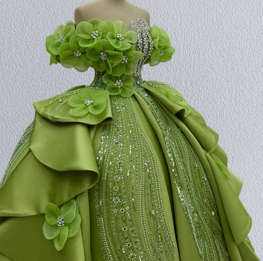 Pretty Green A-Line Off-Shoulder Sweet 16th Gowns Rhinestones Handmade Flowers Sequins Prom Dress AP6209
