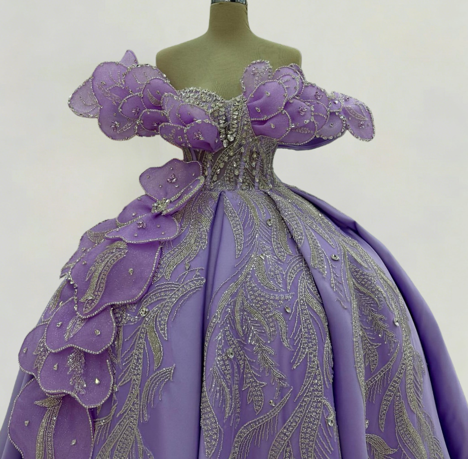 Maximalism A-Line Off-Shoulder Purple Sweet 16th Gowns Rhinestones Appliques Sequins Prom Dress AP6210