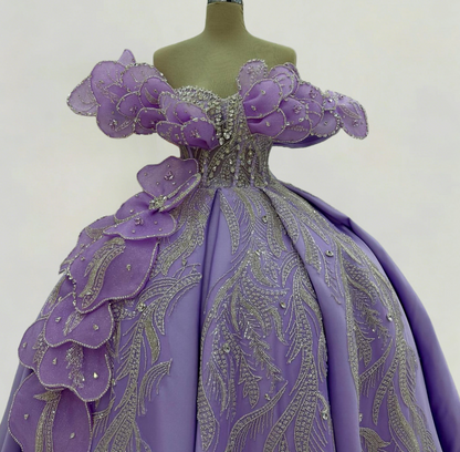 Maximalism A-Line Off-Shoulder Purple Sweet 16th Gowns Rhinestones Appliques Sequins Prom Dress AP6210