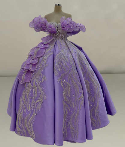 Maximalism A-Line Off-Shoulder Purple Sweet 16th Gowns Rhinestones Appliques Sequins Prom Dress AP6210