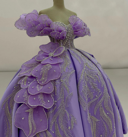 Maximalism A-Line Off-Shoulder Purple Sweet 16th Gowns Rhinestones Appliques Sequins Prom Dress AP6210