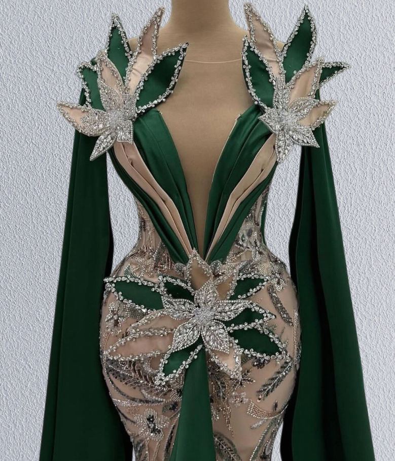 Fancy Illusion Neck Mermaid Evening Dresses Green Sash Rhinestone Sequins Appliques Prom Dress AP6211
