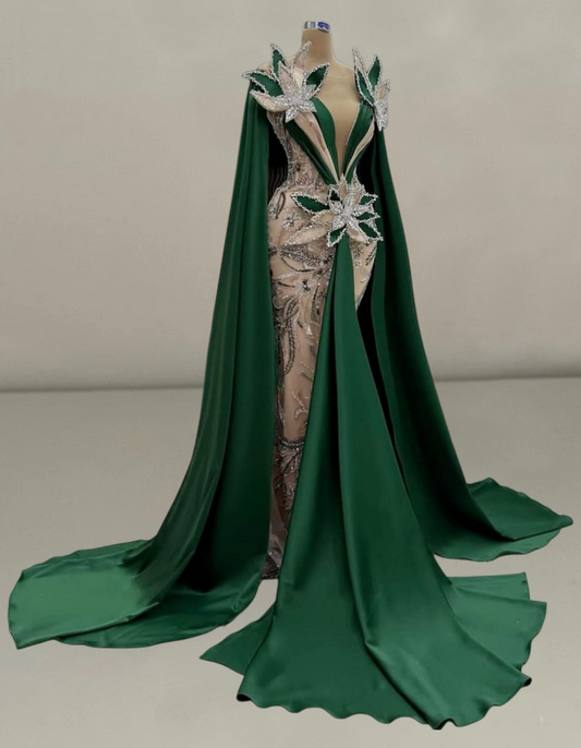 Fancy Illusion Neck Mermaid Evening Dresses Green Sash Rhinestone Sequins Appliques Prom Dress AP6211