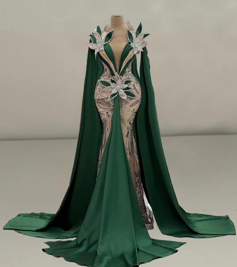 Fancy Illusion Neck Mermaid Evening Dresses Green Sash Rhinestone Sequins Appliques Prom Dress AP6211